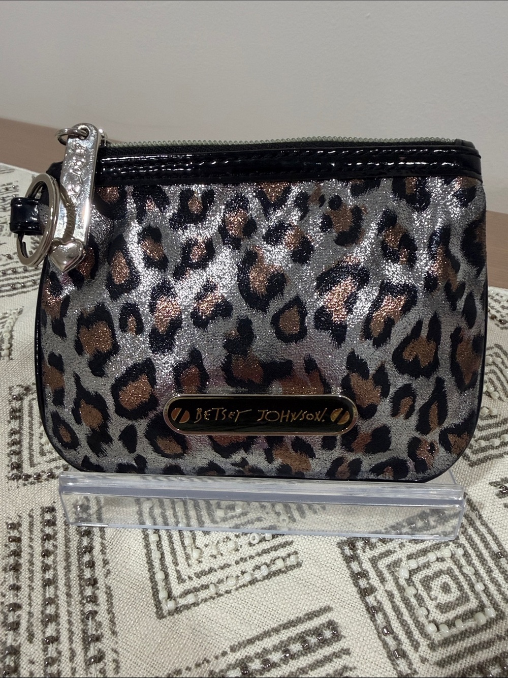 Betsey Johnson Metallic Silver,Brown and Black Leopard Print Keyring Pouch